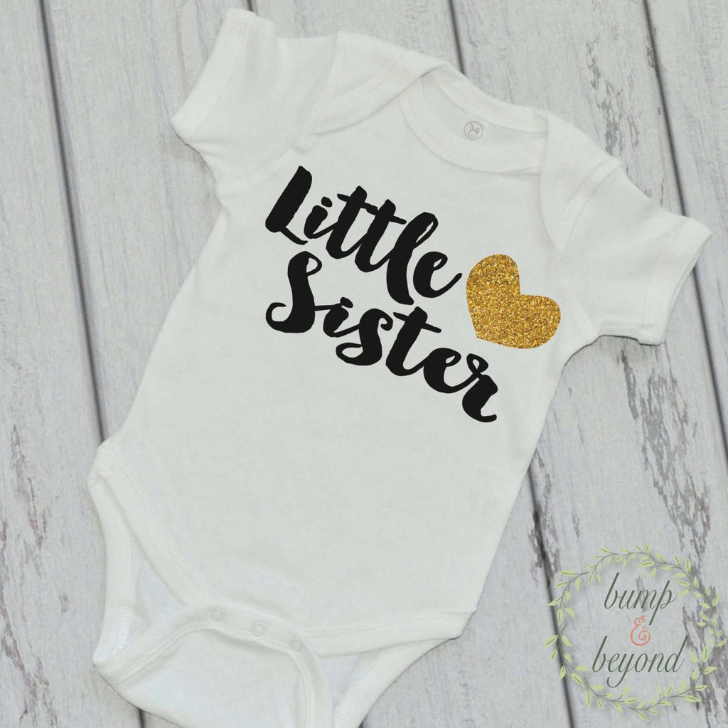 Little Sister Baby Announcement Shirt Girl Little Sister Announcement Shirt Big Sister Sibling Shirts Gold Glitter Heart 037 - Bump and Beyond Designs