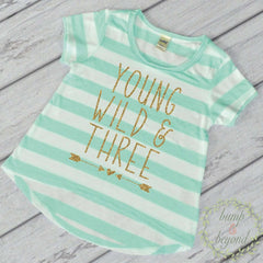 Young Wild and Three Birthday Girl Shirt, Turquoise Stripes - Bump and Beyond Designs