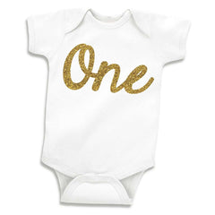 First Birthday Girl Bodysuit, Glitter Gold One 1st Birthday Outfit for Girls