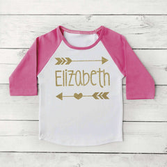Hipster Baby Clothes Baby Girl Clothes Personalized Name Shirt Gold Glitter Arrow Custom Toddler Raglan Shirt 019 - Bump and Beyond Designs