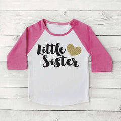 Little Sister Shirt Baby Announcement Shirt Girl Sibling Shirts New Baby Announcement Shirt Little Sister Raglan Gold Glitter Heart 037 - Bump and Beyond Designs