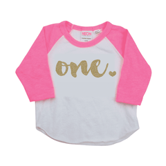 First Birthday Girl Shirt, One Year Old Birthday Raglan in Pink and Gold