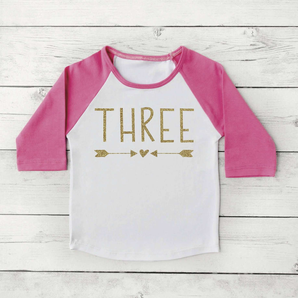 3rd Birthday Girl Shirt, Three, Gold Lettering - Bump and Beyond Designs