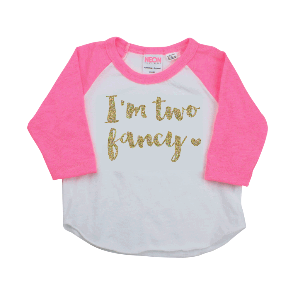 Second Birthday Girl Outfit, I'm Two Fancy Shirt Pink and Gold Raglan