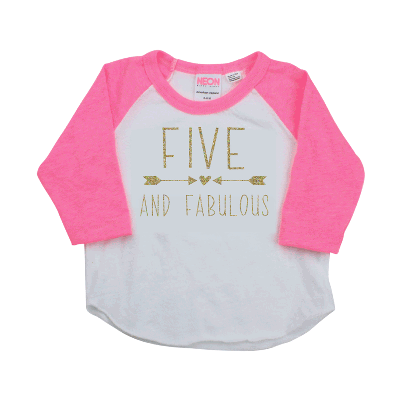 5th Birthday Girl Shirt Five and Fabulous Pink 3 4 Sleeve Raglan Bump and Beyond Designs