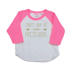 My First Day of Preschool Shirt, Girl Preschool Pink and Gold Raglan