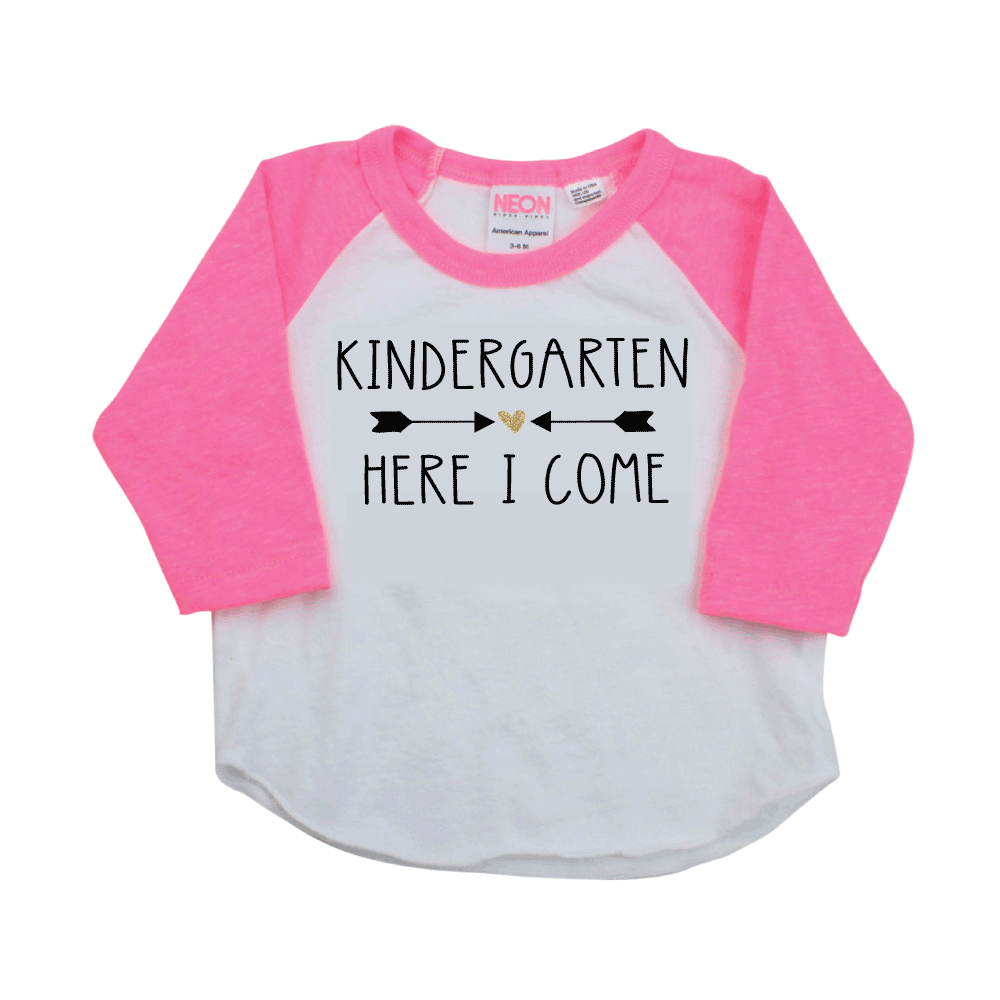 Kindergarten Here I Come Shirt Girl First Day of School Pink Raglan