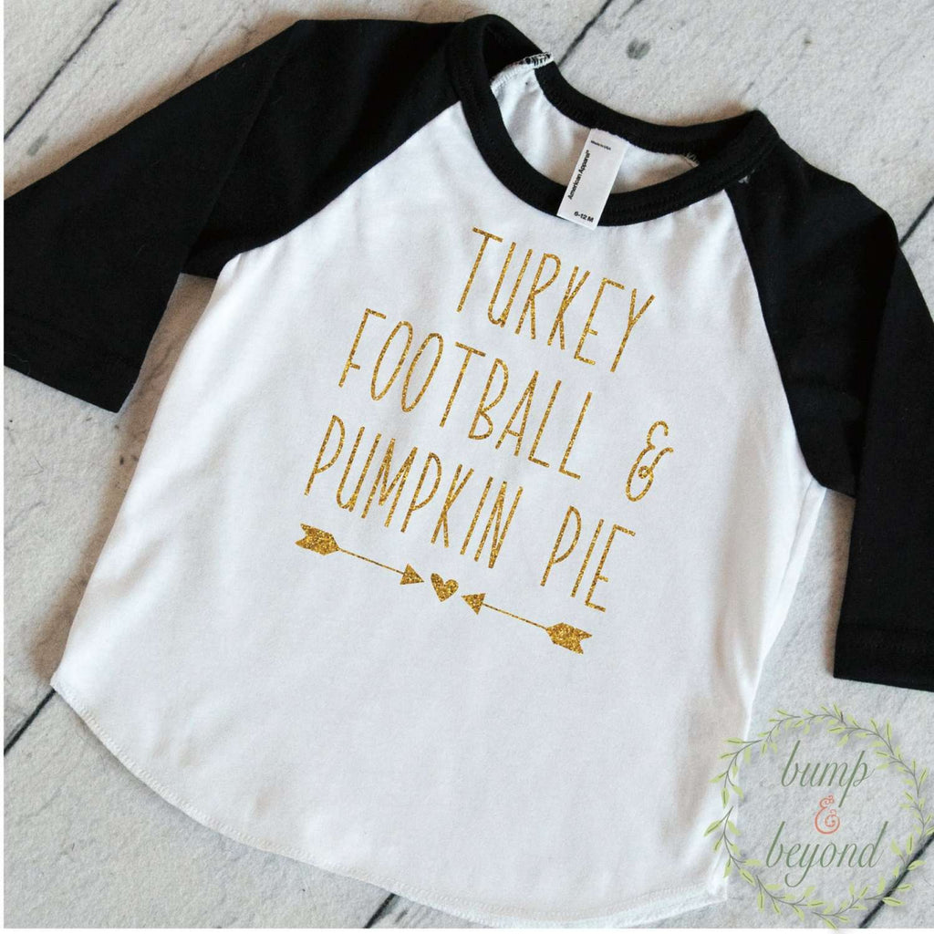 Thanksgiving Girl Outfit, Turkey Football and Pumpkin Pie, Thanksgiving Shirt, Glitter Shirt, Baby Girl Turkey Football Pie Fall Outfit 037 - Bump and Beyond Designs