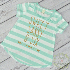6th Birthday Girl Shirt, Sweet Six & Sassy, Turquoise Stripes - Bump and Beyond Designs