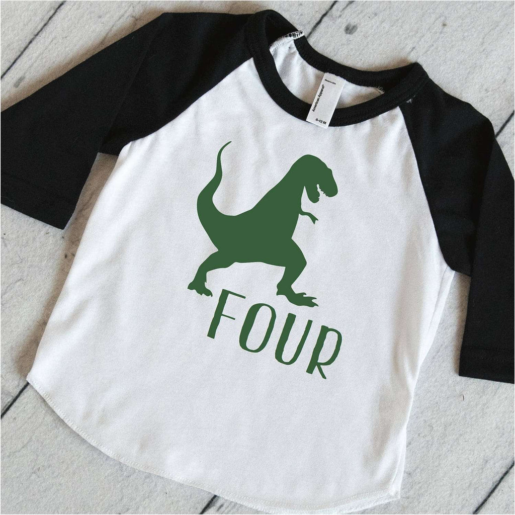 T-Rex Shirt, Dino Birthday Shirt, Fourth Birthday Shirt, Boys Birthday Shirt, Dinosaur Birthday Party Shirt, Green and Black Raglan 316 - Bump and Beyond Designs