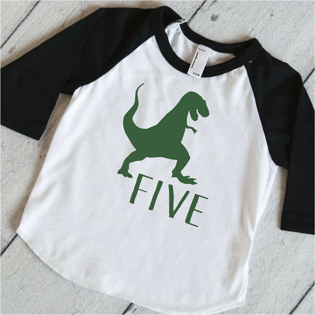 Dinosaur 5th Birthday Boy Shirt, 3/4 Sleeve Raglan – Bump and