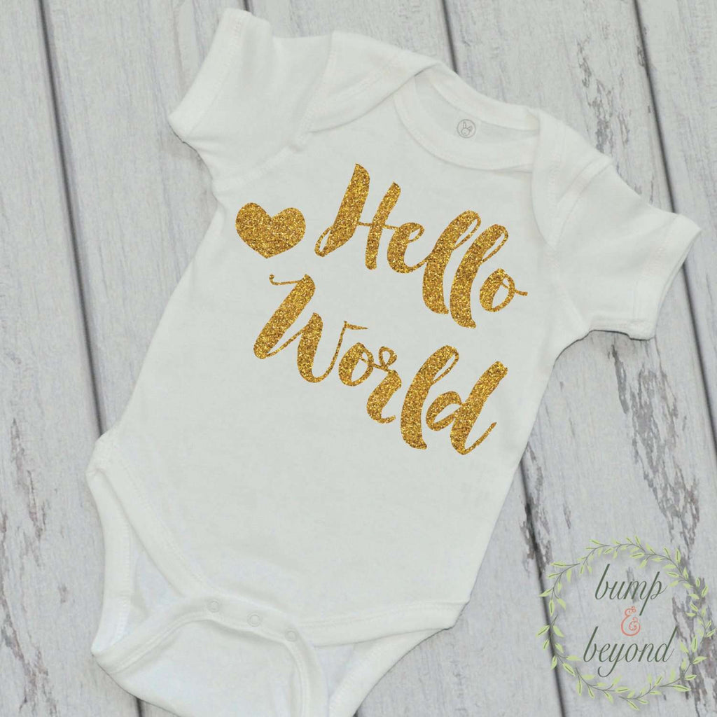Newborn Girl Clothes Newborn Outfit Hello World Gold Glitter Shirt Baby Shower Gift Coming Home Outfit Baby Girl Clothes 081 - Bump and Beyond Designs
