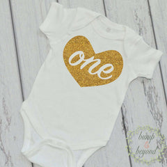 Baby Girl First Birthday One Piece "One" Baby's First Birthday Shirt Gold Heart 1st Birthday Outfit Baby Girl Bodysuit READY TO SHIP 011 - Bump and Beyond Designs