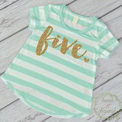 Fifth Birthday Outfit Girl Gold Glitter Five Year Old Girl Fifth Birthday Shirt 5th Birthday Girl Outfit Green T-Shirt 102 - Bump and Beyond Designs