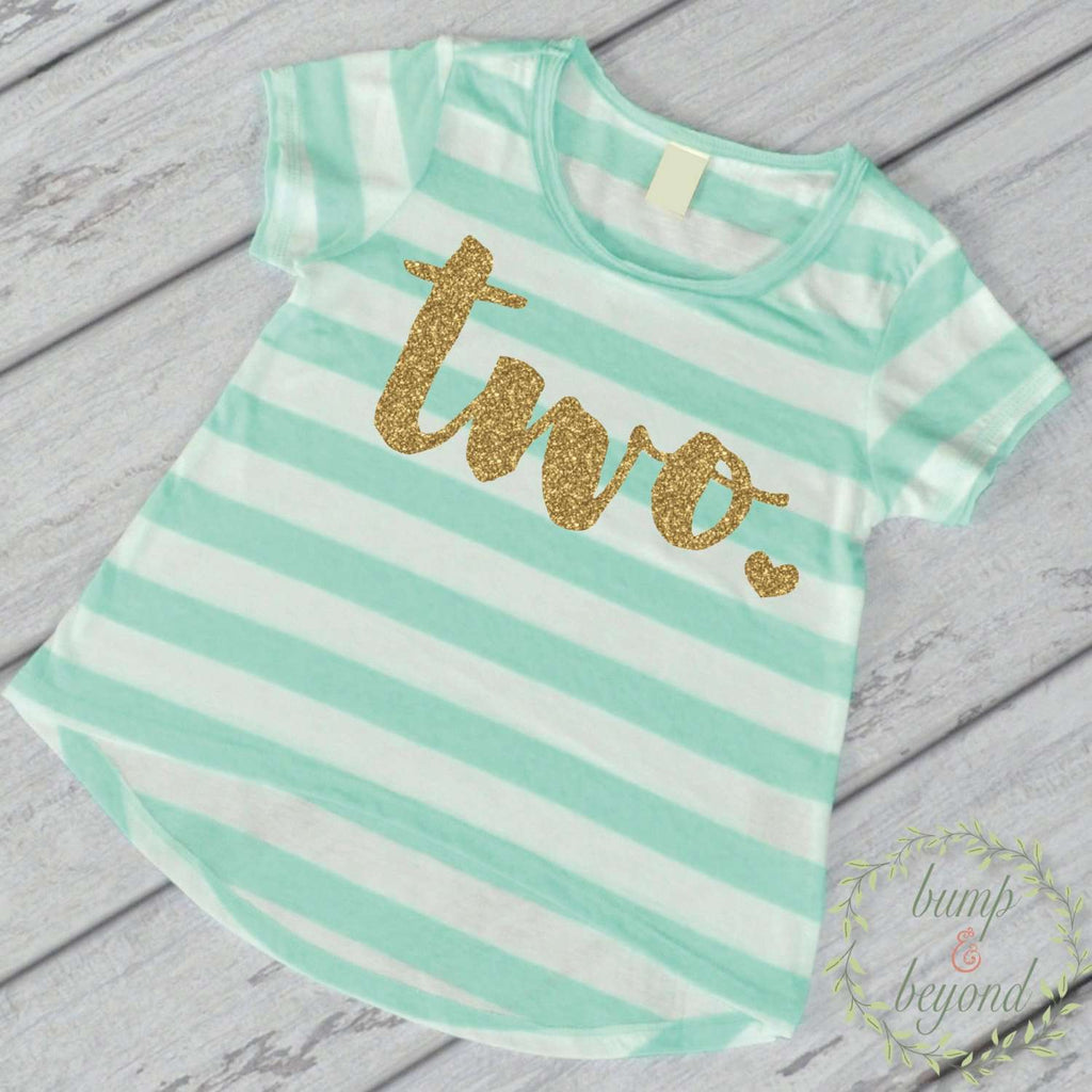 Second Birthday Outfit Girl Gold Glitter Two Year Old Girl Second Birthday Shirt 2nd Birthday Girl Outfit Green Shirt 102 - Bump and Beyond Designs