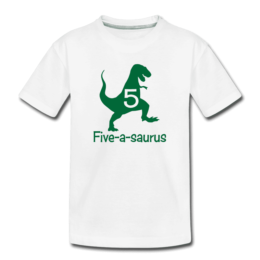 Fifth Birthday Boy Shirt, Dinosaur 5th Birthday T-Shirt, Five-A-Saurus - white