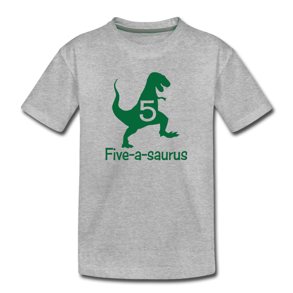 Fifth Birthday Boy Shirt, Dinosaur 5th Birthday T-Shirt, Five-A-Saurus - heather gray