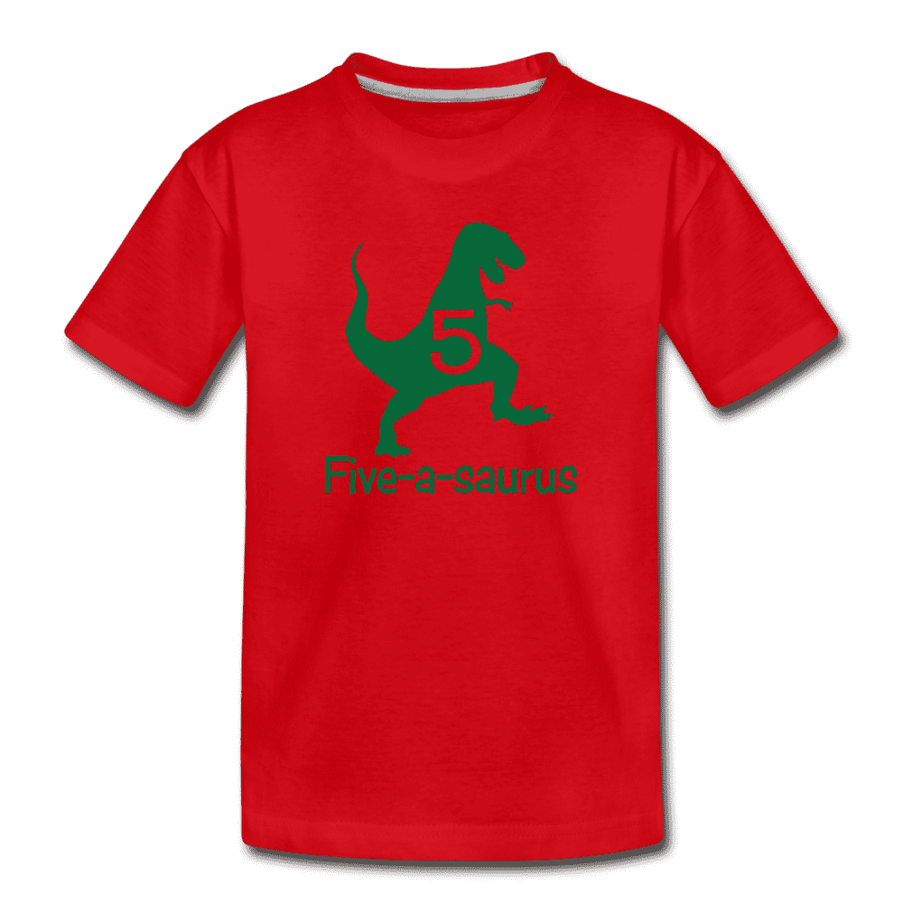 Fifth Birthday Boy Shirt, Dinosaur 5th Birthday T-Shirt, Five-A-Saurus - red