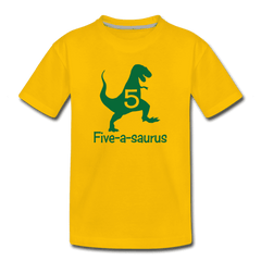 Fifth Birthday Boy Shirt, Dinosaur 5th Birthday T-Shirt, Five-A-Saurus - sun yellow