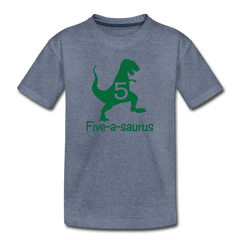 Fifth Birthday Boy Shirt, Dinosaur 5th Birthday T-Shirt, Five-A-Saurus - heather blue