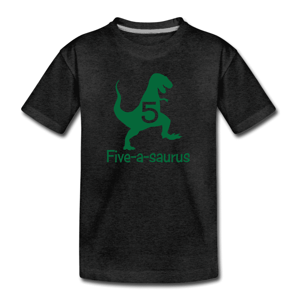 Fifth Birthday Boy Shirt, Dinosaur 5th Birthday T-Shirt, Five-A-Saurus - charcoal gray