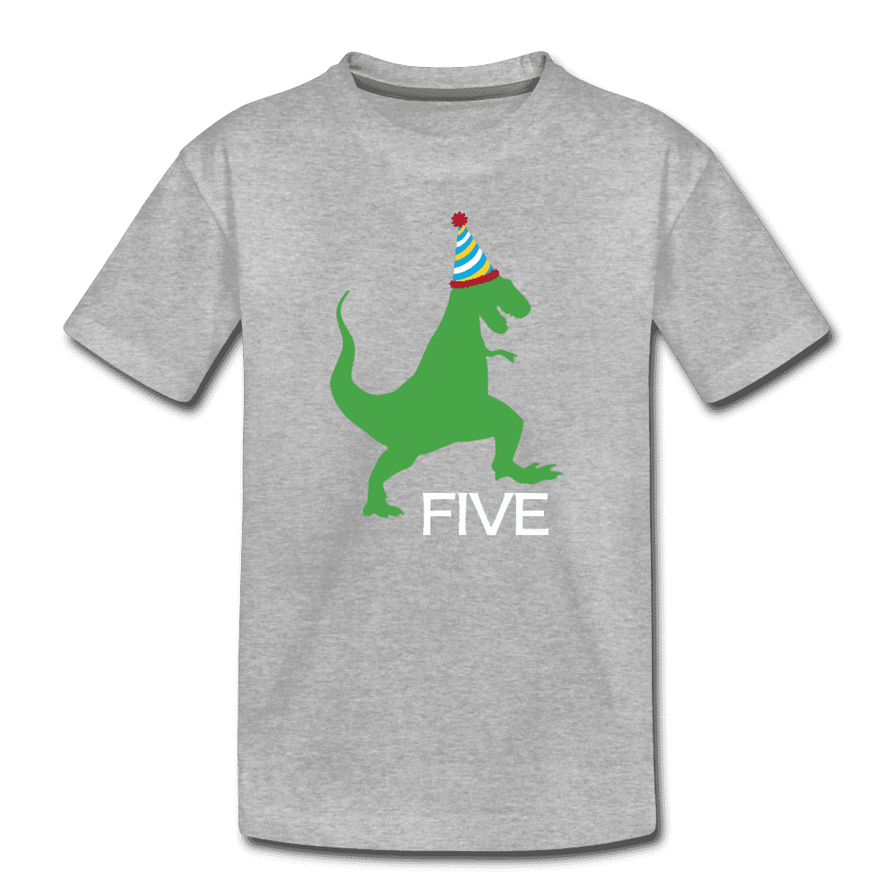 Fifth Birthday Boy Shirt, Dinosaur 5th Birthday T-Shirt, Kids Premium Shirt - heather gray