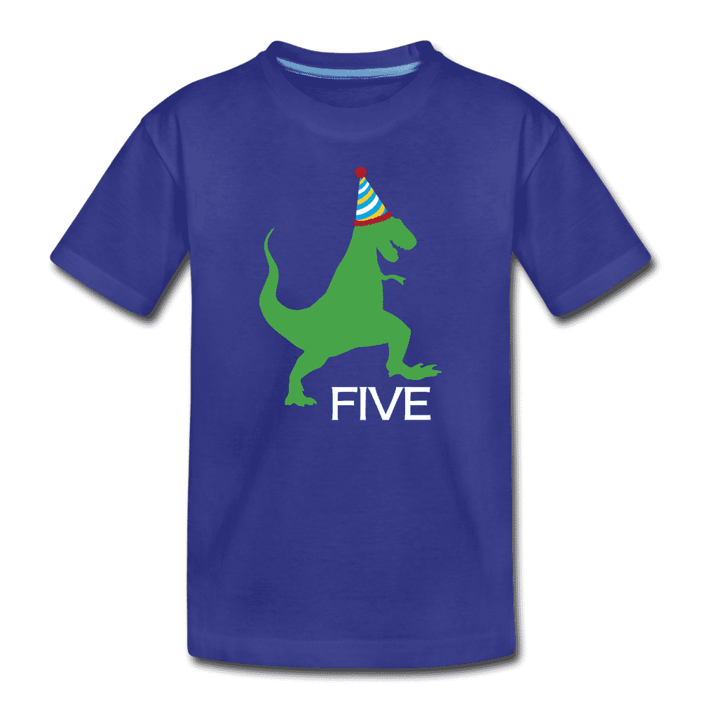 Fifth Birthday Boy Shirt, Dinosaur 5th Birthday T-Shirt, Kids Premium Shirt - royal blue