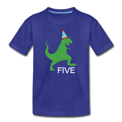 Fifth Birthday Boy Shirt, Dinosaur 5th Birthday T-Shirt, Kids Premium Shirt - royal blue