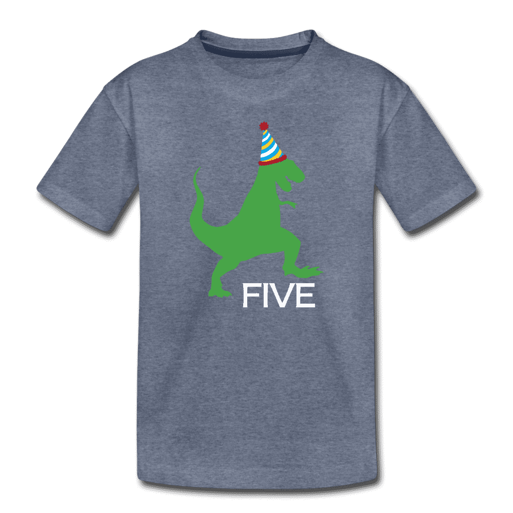 Fifth Birthday Boy Shirt, Dinosaur 5th Birthday T-Shirt, Kids Premium Shirt - heather blue