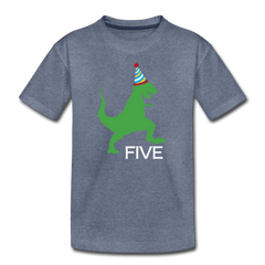 Fifth Birthday Boy Shirt, Dinosaur 5th Birthday T-Shirt, Kids Premium Shirt - heather blue