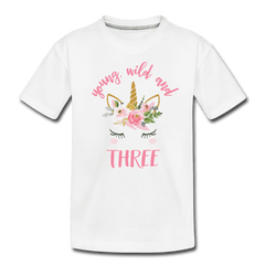 Young Wild and Three Unicorn 3rd Birthday Shirt for Girls, Kids' Premium T-Shirt - white