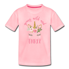 Young Wild and Three Unicorn 3rd Birthday Shirt for Girls, Kids' Premium T-Shirt - pink