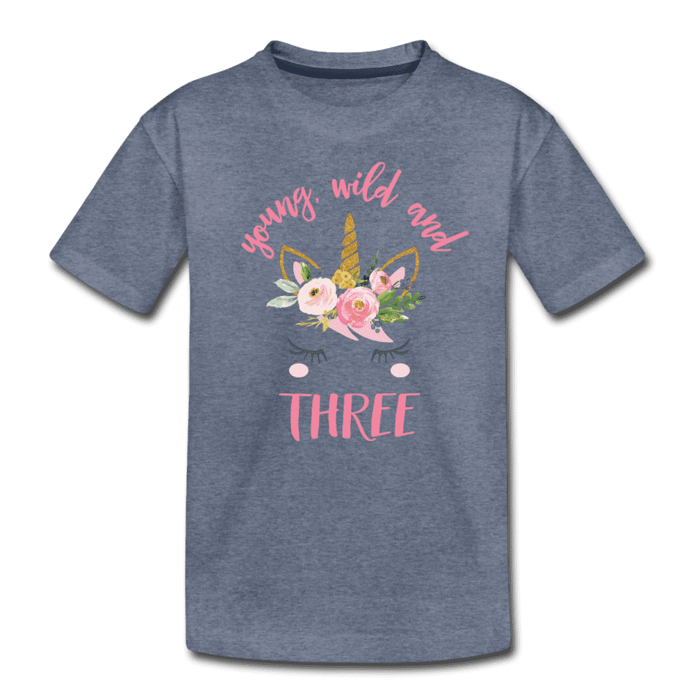 Young Wild and Three Unicorn 3rd Birthday Shirt for Girls, Kids' Premium T-Shirt - heather blue
