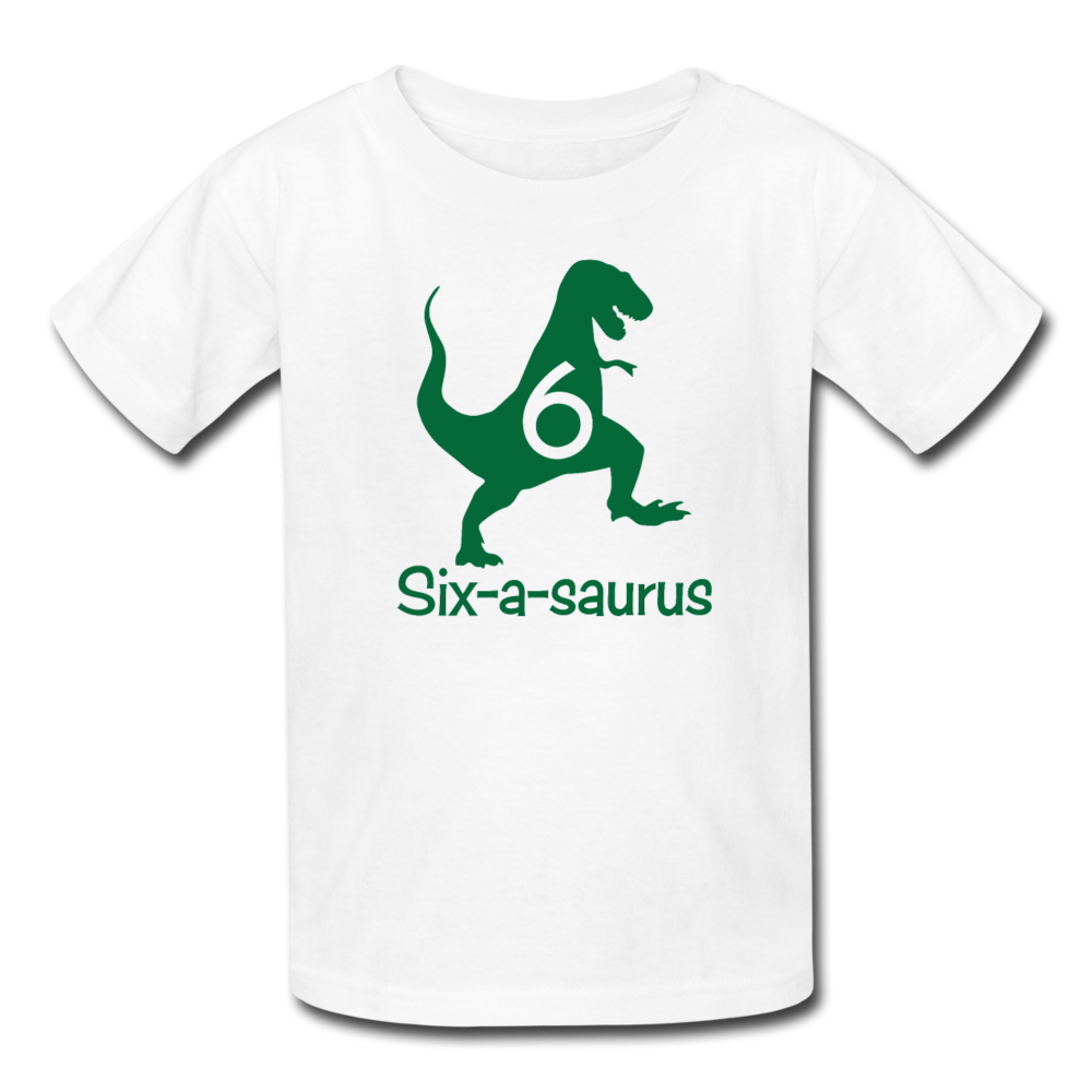 Sixth Birthday Boy Shirt, Six-a-saurus Birthday T-Shirt, Kids Fruit of the Loom Shirt - white