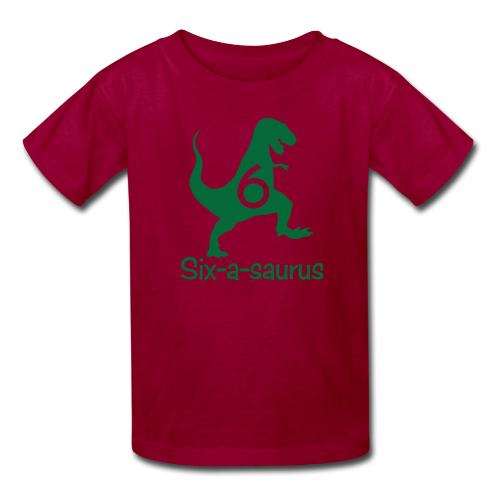 Sixth Birthday Boy Shirt, Six-a-saurus Birthday T-Shirt, Kids Fruit of the Loom Shirt - dark red