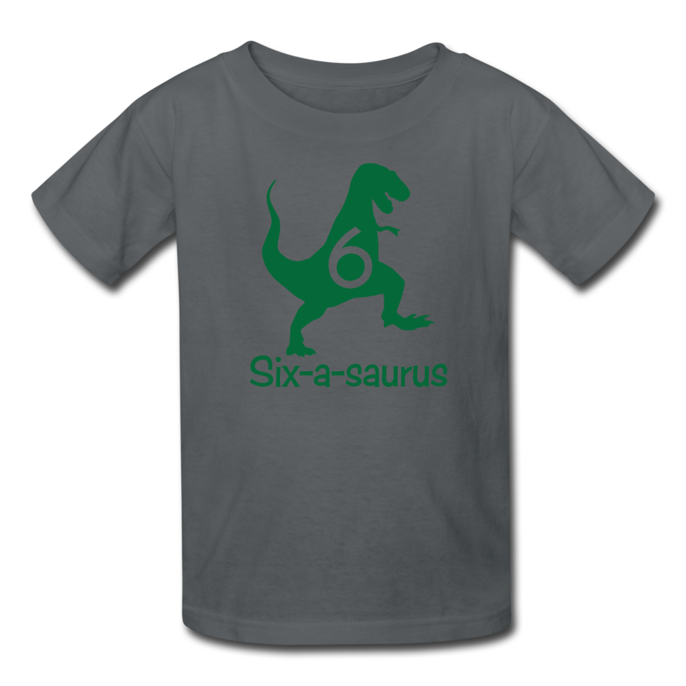 Sixth Birthday Boy Shirt, Six-a-saurus Birthday T-Shirt, Kids Fruit of the Loom Shirt - charcoal