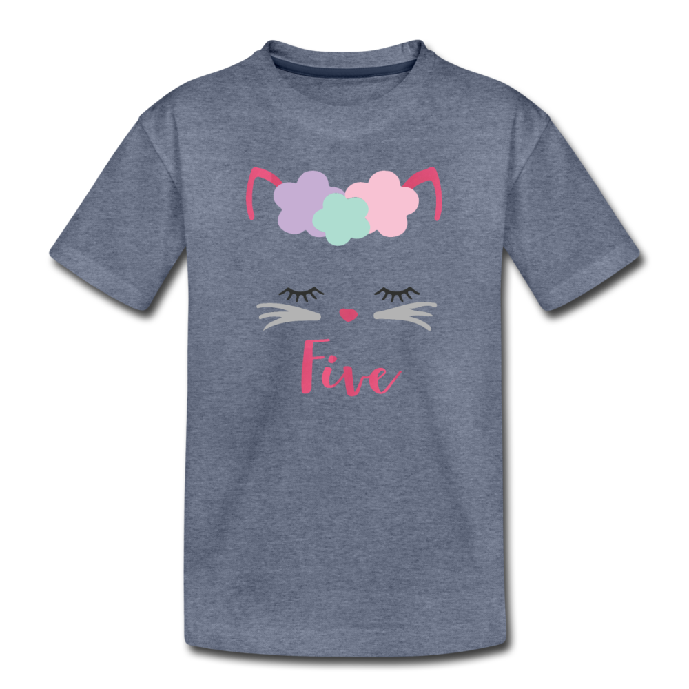 Kitty Cat 5th Birthday Party Shirt, Cute Kitten Birthday Girl Outfit, Premium Kids T-Shirt - heather blue