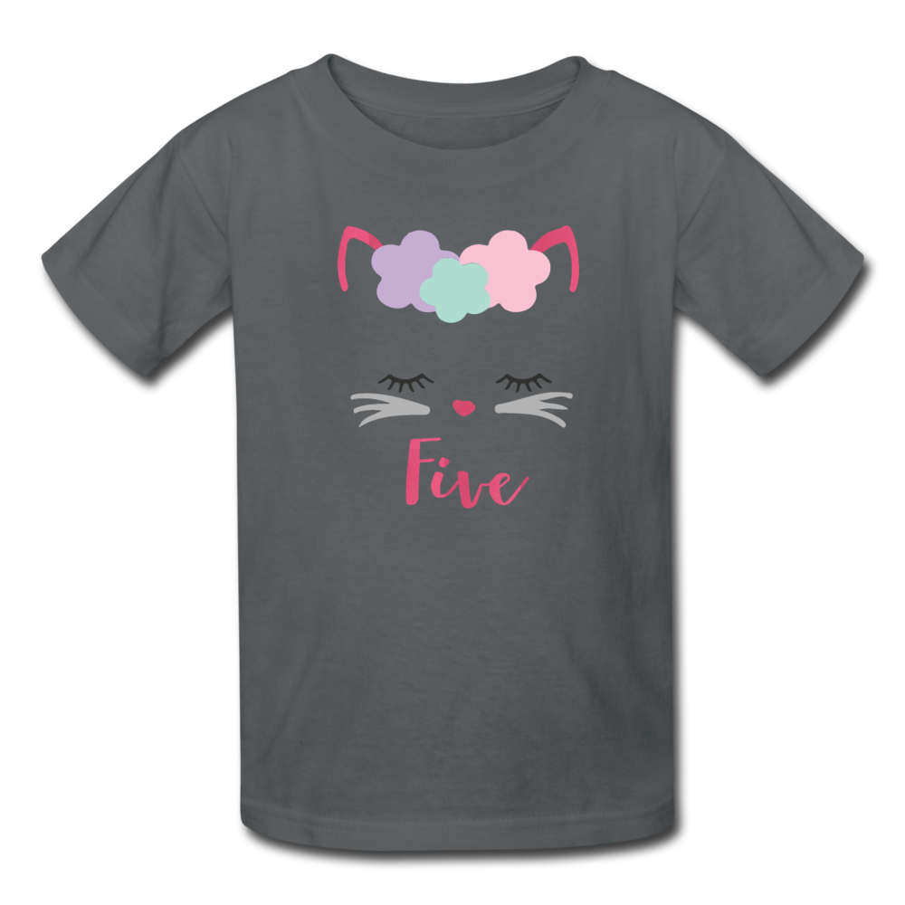 Kitty Cat 5th Birthday Party Shirt, Cute Kitten Birthday Girl Outfit, Kids' T-Shirt Fruit of the Loom - charcoal