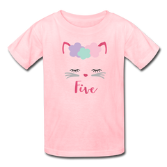 Kitty Cat 5th Birthday Party Shirt, Cute Kitten Birthday Girl Outfit, Kids' T-Shirt Fruit of the Loom - pink