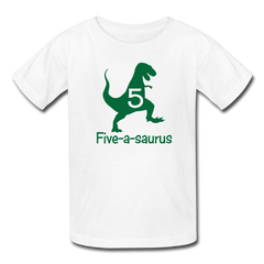 Boys Fifth Birthday Dinosaur Shirt, Five-A-Saurus, Kids' T-Shirt Fruit of the Loom - white