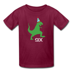 Sixth Birthday Boy Shirt, Dinosaur 6th Birthday T-Shirt, Kids Fruit of the Loom Shirt - burgundy