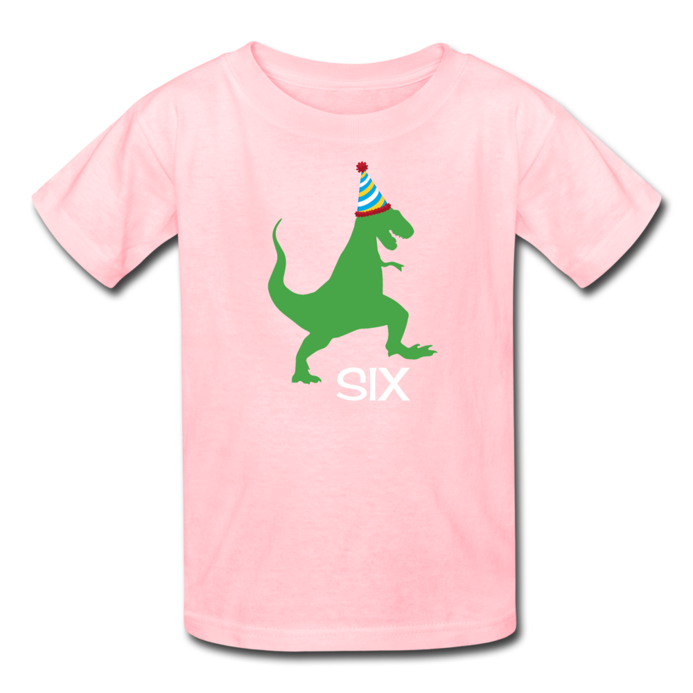 Sixth Birthday Boy Shirt, Dinosaur 6th Birthday T-Shirt, Kids Fruit of the Loom Shirt - pink