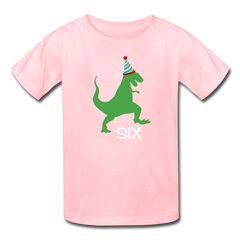 Sixth Birthday Boy Shirt, Dinosaur 6th Birthday T-Shirt, Kids Fruit of the Loom Shirt - pink