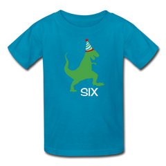 Sixth Birthday Boy Shirt, Dinosaur 6th Birthday T-Shirt, Kids Fruit of the Loom Shirt - turquoise
